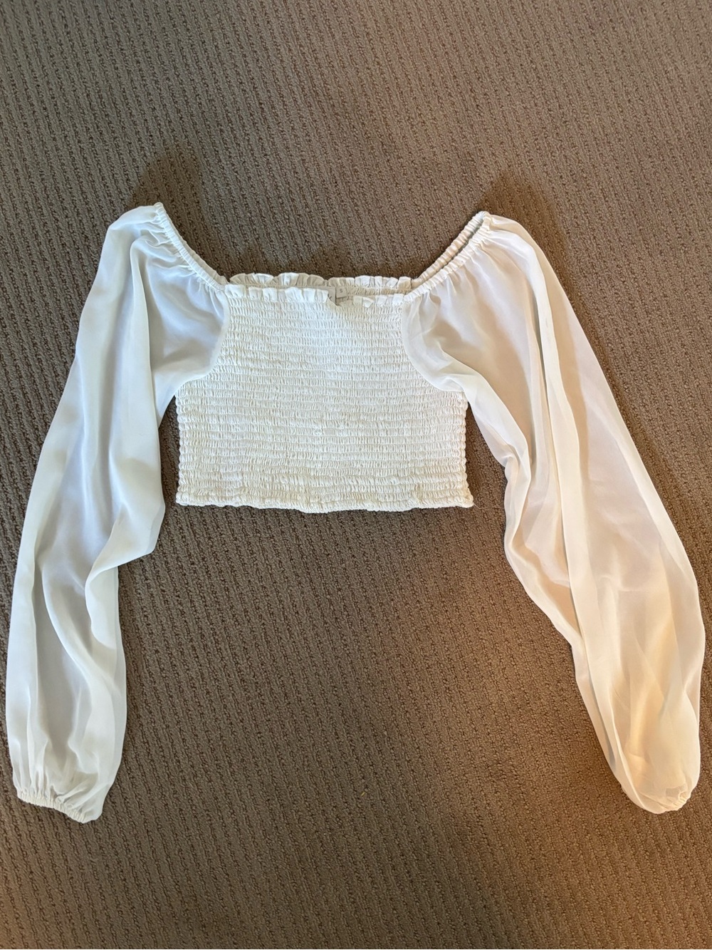 Simons White Smocked Crop Top with Sheer Bishop Sleeves